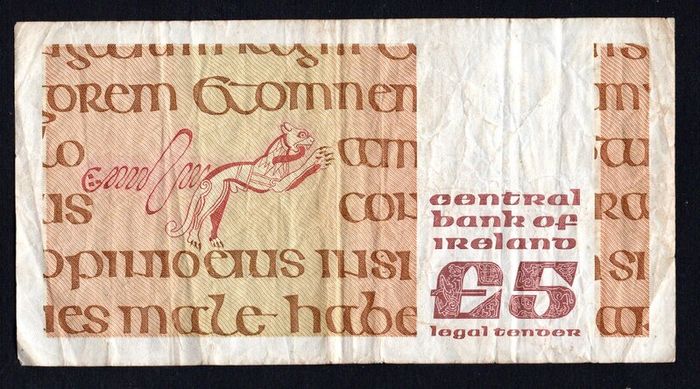 1993 Ireland IR5 Johannes Scotus Erigena Banknote Series B. Note issued 12/03/93. Serial number AEG001840