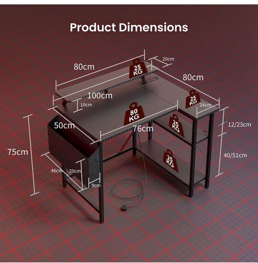 L Shaped Gaming Desk with LED Lights & Power Outlets, 100x80cm