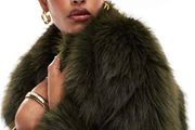 STRADIVARIUS Exaggerated Collar Detail Faux Fur Jacket Khaki Size S!