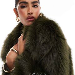STRADIVARIUS Exaggerated Collar Detail Faux Fur Jacket Khaki Size S!