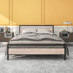 King Size Bed Frame with Wood Headboard,Heavy Duty Metal Platform Bed King Size with Storage No Box Spring Needed,Mattress Base/Strong Steel Slats Support/Easy Assembly