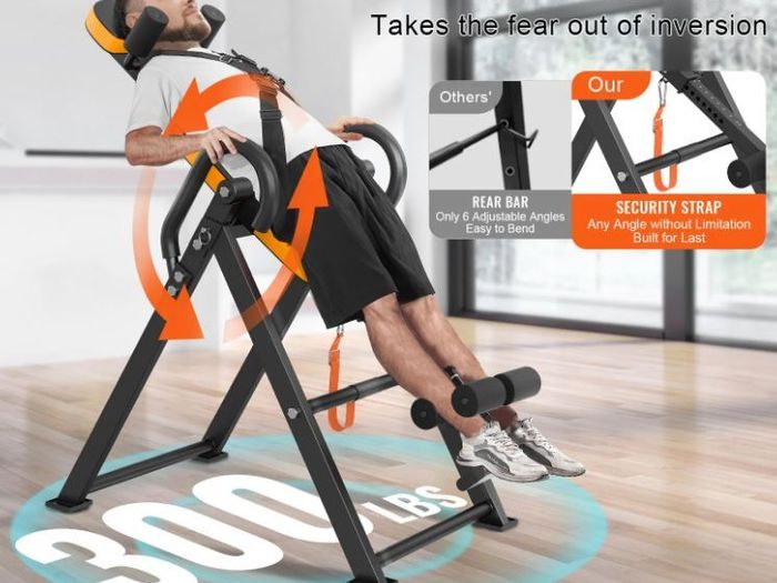 Inversion Table, 300lbs Capacity Heavy Duty Inversion Table, Decompression Back Stretcher Machine, Strength Training Equipment with Headrest, Ankle Lock, Adjustable Protective Belt, Orange/Black