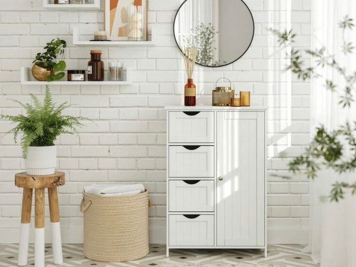 Bathroom Floor Storage Cabinet, Wooden Storage Unit with 4 Drawers, Single Door, Adjustable Shelf, for Living Room, Kitchen, Entryway, White (FREE POSTAGE)