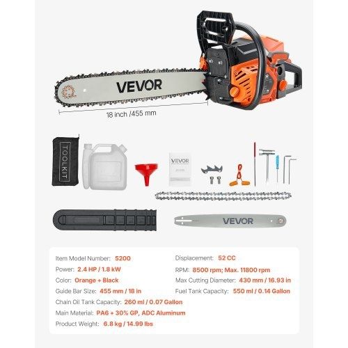 52 cc Gas Chainsaw, 18 inch Gas Powered Chainsaw, 2.4 HP Power Chain Saw with Non-Slip Handle, Gas-Powered Chainsaws with Dual Fuel Tanks, For Wood Cutting, Tree Trimming, and Land Clearing