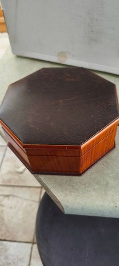 Vintage Octagonal Wood Jewelry Box: Lether Inlay, Mirrored Storage