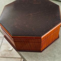 Vintage Octagonal Wood Jewelry Box: Lether Inlay, Mirrored Storage