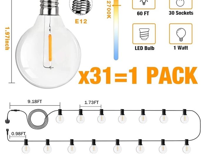 Outdoor Lights Mains Powered, 31FT/9.5M Garden Lights, 25+4(Spare) Bulbs Outdoor String Lights, Waterproof Festoon Lights Outdoor, Outside Lights for Garden Christmas Gazebo Party