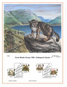 1986 Great Britain Limited Edition Lithographed Print measuring 333mm X 257mm showing Europa 86 Endangered Species Commemorative stamps with First Day of Issue Cancel