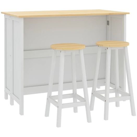 Kitchen island serving cart with 2 stools foldable worktop 2 cabinets with 4 doors modern design white