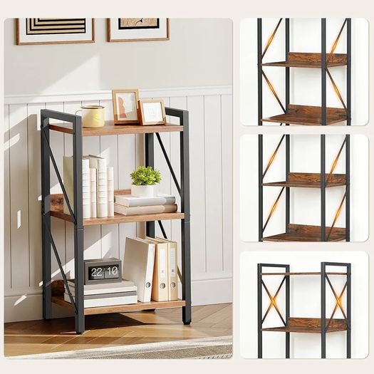 3-Tier Bookshelf, Industrial Corner Bookcase, Display Rack, Metal Frame, for Living Room, Bedroom, Office, Kitchen, Entryway, Rustic Brown and Black