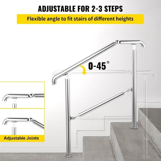 Stainless Steel Adjustable 3 Step Handrail for Indoor and Outdoor Stairs, 99.8 kg Capacity with Installation Kit for Porch and Steps