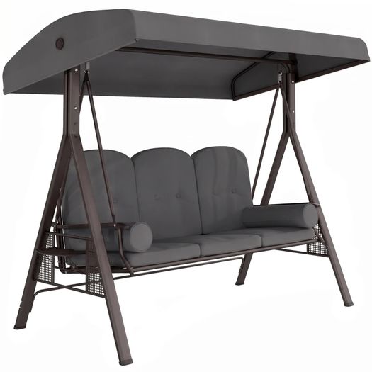 3 Seat Garden Swing Chair Steel Swing Bench w/ Cushions Cup Trays