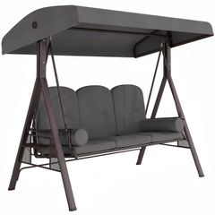 3 Seat Garden Swing Chair Steel Swing Bench w/ Cushions Cup Trays