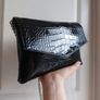Black Croc Patent Leather Shoulder Bag / Envelope Clutch with Silver Chain Image 6