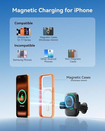 3-in-1 Wireless Car Charger for Magsafe, Extra Clamp for Bumpy Road, Cooling Fan to Extend Battery Life, Original Qi2 Certified 15W Fast Charging Magnetic Car Phone Holder for iPhone 12-17 Series