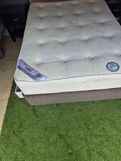 Bed frame, mattress, headboard, 2 night stands and lamp