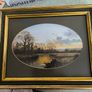 VINTAGE Framed landscape print featuring an oval matte aperture with a golden sunset or sunrise over a river, bare trees, and two birds flying in the sky. Image 2