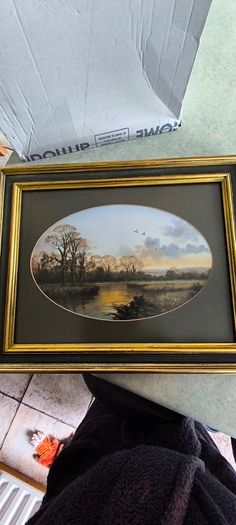 VINTAGE Framed landscape print featuring an oval matte aperture with a golden sunset or sunrise over a river, bare trees, and two birds flying in the sky.