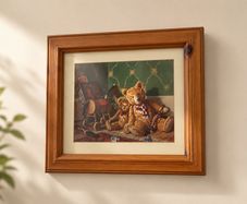 Vintage style framed teddy bear print in a warm wooden frame