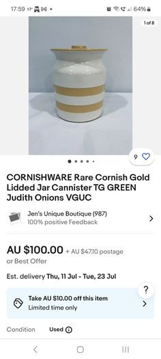 Fabulous RARE Collectable Traditional Cornishware Storage Jar in the Very Rare and Discontinued Gold & White Colourway, TG Green, Restyled by Judith Onions, Circa 1968 to 1975