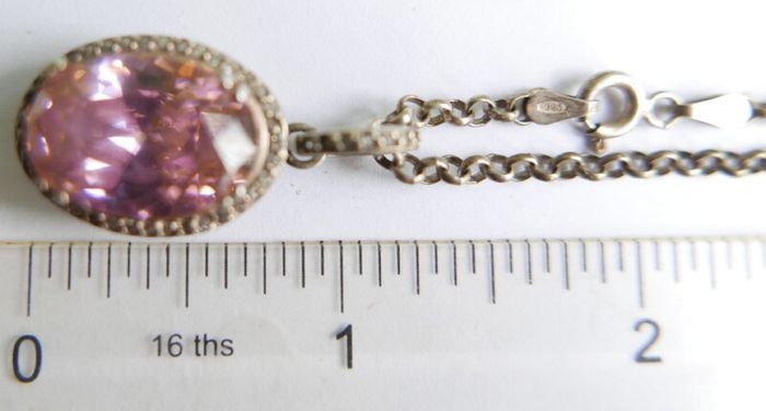 Vintage Sterling Silver 925 PINK OVAL CRYSTAL PENDANT NECKLACE Pea Chain traditional necklace length 20" - 14,8g
