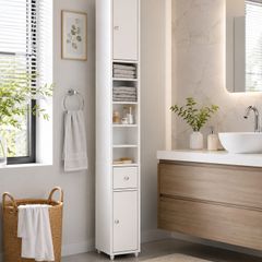 Slim Bathroom Storage Cabinet  Tall Space Saving Bathroom Cabinet with Drawer & Double Door Storage, 180cm