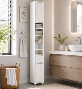 Slim Bathroom Storage Cabinet  Tall Space Saving Bathroom Cabinet with Drawer & Double Door Storage, 180cm