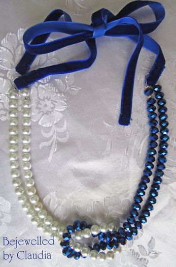 Handmade Statement White and Navy Blue Mix Necklace with Velvet Cord, in a Gift Box