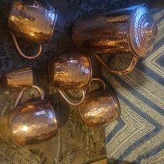 Copper pitcher, 4 cups and measuring cup