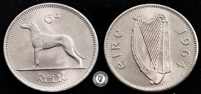 [#2407] - Ireland 1964 | Irish 6p | 6 Pence | Wolfhound | KM.13a | MS
