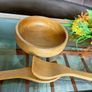 Mid Century Honey Teak Turned Medium Salad Bowl and Servers by Retos Shannon Image 2