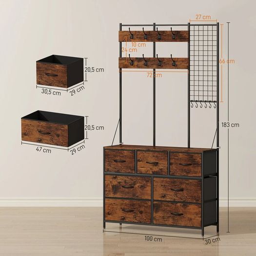4-in-1 Entryway Unit, Coat Rack, Hallstand with 7 Fabric Drawers and 14 Hooks, 100 x 30 x 183 cm, Rustic Brown