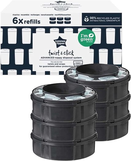Twist and Click Advanced Nappy Bin Refill Cassettes, Sustainably Sourced Antibacterial GREENFILM, Pack of 6