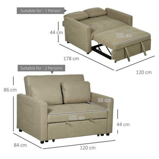 Loveseat Sofa Bed, Convertible Bed Settee with 2 Cushions, Side Pockets for Living Room, Light Brown