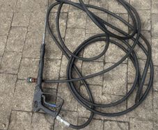 Power washer hoses x 2 High pressure cables. 10m each. Also spare power hose gun.