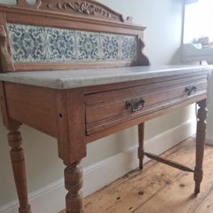 Antique Victorian pine washstand wash stand with marble top and tiled splash back