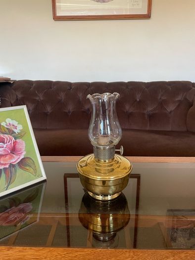 1930s40s Aladdin Model 12 Brass Table Mantle Oil Lamp with Fluted Glass Shade