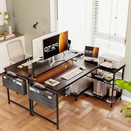 L Shaped Gaming Desk with LED Lights 120 x 80 cm Computer Power Outlet Reversible Corner Table Storage Shelves Monitor Stand Black
