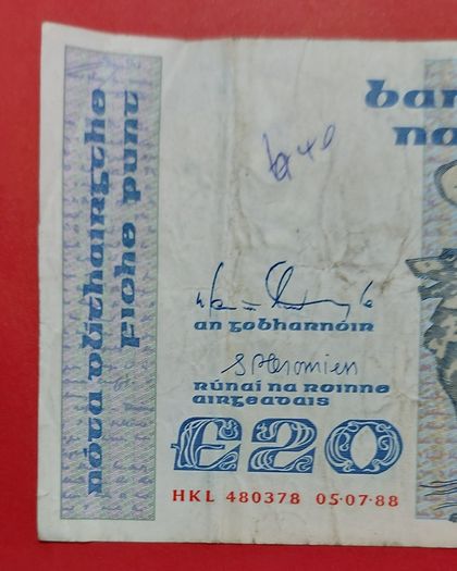 Irish 1988 "YEATS" Twenty pound note in .Fine condition