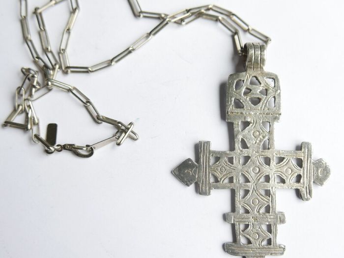 Vintage Large Coptic Cross Pendant, Replica Portland Art Museum Silver Plated (Cross length 3,5")