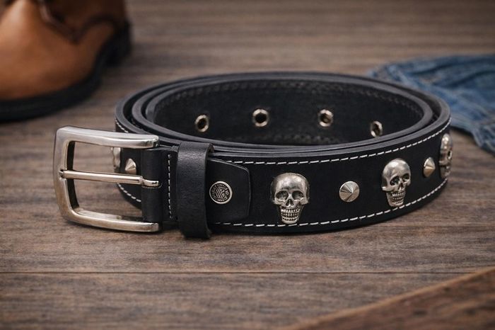 Unisex Black Skull Studded Leather Belt Punk Gothic Rock Leather Belt with Metal Skull & Rivets for Men Women