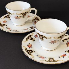 A Pair of Royal Sutherland Bone China Teacups and Saucers in the Balmoral Pattern