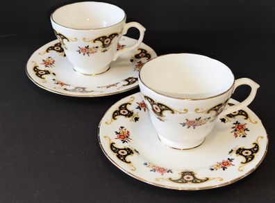 A Pair of Royal Sutherland Bone China Teacups and Saucers in the Balmoral Pattern