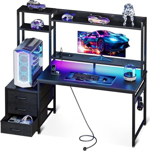 Gaming Desk with Drawers Display Shelves 120x48 cm Computer LED Lights Sockets Reversible PC Table Monitor Stand Carbon Fiber Black