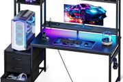 Gaming Desk with Drawers Display Shelves 120x48 cm Computer LED Lights Sockets Reversible PC Table Monitor Stand Carbon Fiber Black