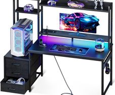 Gaming Desk with Drawers Display Shelves 120x48 cm Computer LED Lights Sockets Reversible PC Table Monitor Stand Carbon Fiber Black