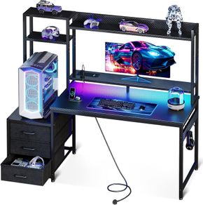Gaming Desk with Drawers Display Shelves 120x48 cm Computer LED Lights Sockets Reversible PC Table Monitor Stand Carbon Fiber Black
