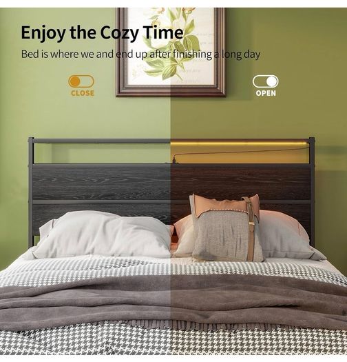 Double Bed Frame with Heaboard & LED lights,4ft6 Metal Wooden Bed Frame Double Bed with Charging Station,Mattress Base/Underbed Storage,Heavy Duty Strong Slats Support,Black Bed 135x190cm