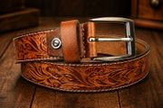 Unisex Genuine Leather Belt Vintage Embossed Design with Antique Buckle Casual &amp; Formal Waist Belt