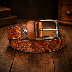 Unisex Genuine Leather Belt Vintage Embossed Design with Antique Buckle Casual & Formal Waist Belt